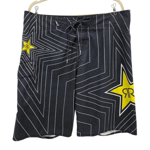 Fox Racing Rockstar Energy Drink Mens 38 Board Shorts Star Logo Black Swim - Picture 1 of 14